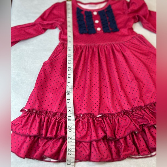 Girls Pink Polka Dot Long Sleeve Dress Ruffle Hem & Navy Ruffle Front Size L - Picture 3 of 5